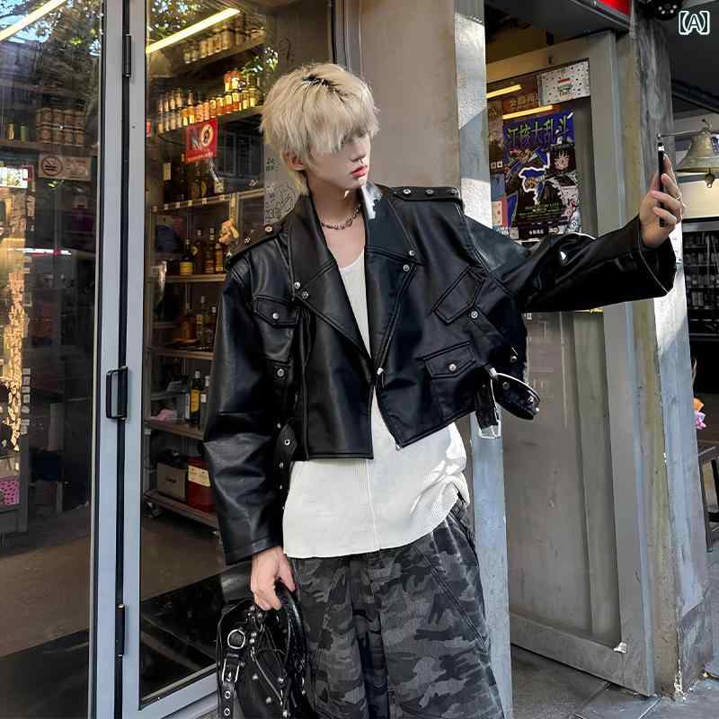 メンズ ファッション 春夏 秋冬 かっこいい オシャレ モテ 男性用 紳士服 服 韓国 シンプル 大人 ブラック ショート レザージャケット シルエット ショート ワイド スタッズ ワークジャケット クリーン フィット アメリカン ストリート モーター サイクル ジャケット|YKC8