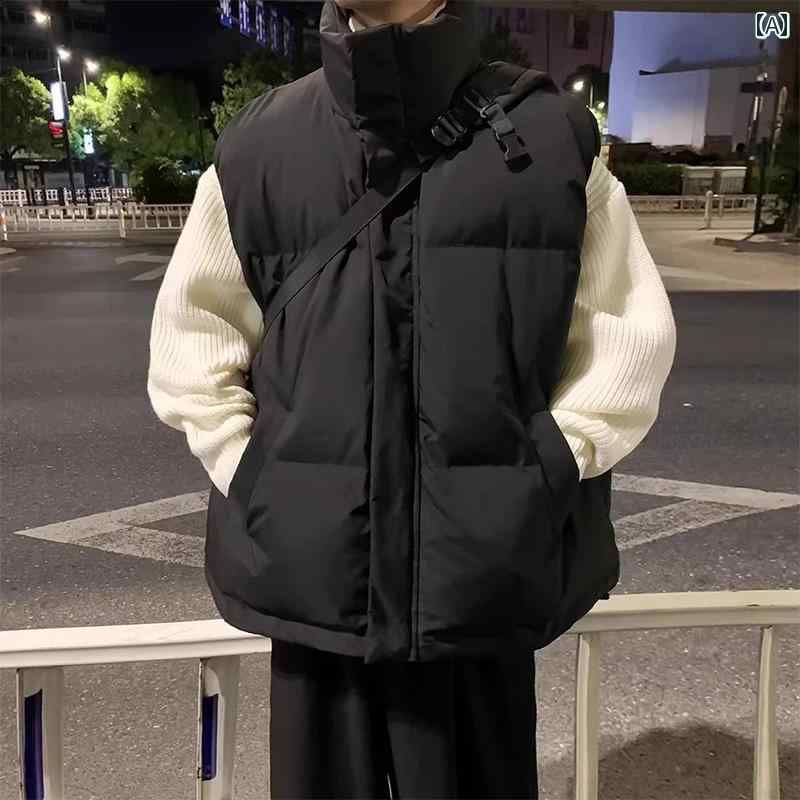 メンズ ファッション 春夏 秋冬 かっこいい オシャレ モテ 男性用 紳士服 服 韓国 シンプル 大人 ブラック ダウン ベスト 厚手 ノースリーブ コットンジャケット ティーンエイジャー アメリカン スタンドカラー ベスト コットン ウエスト コート