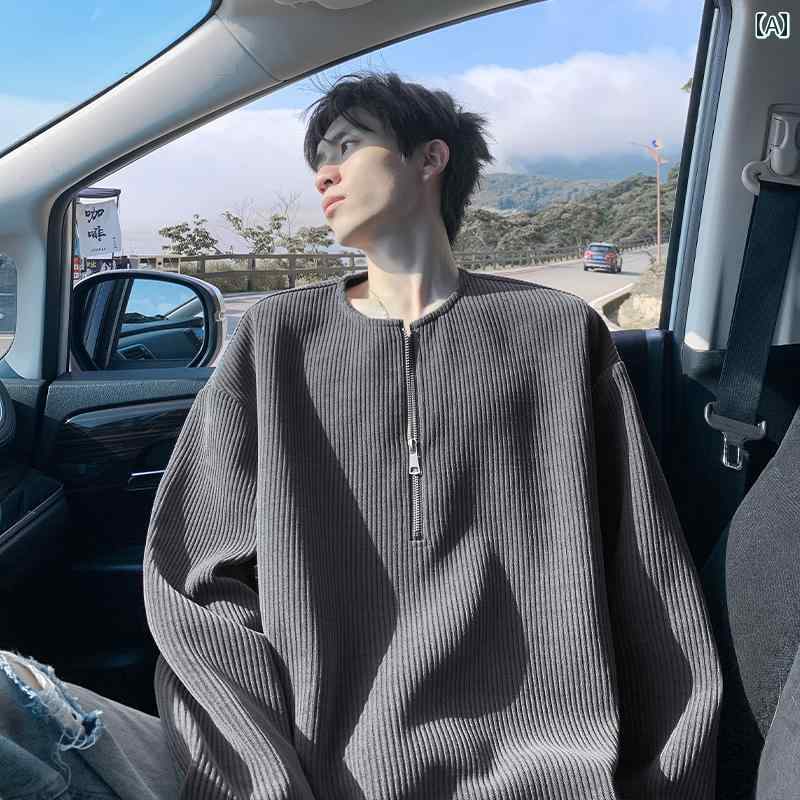 メンズ ファッション 春夏 秋冬 かっこいい オシャレ モテ 男性用 紳士服 服 韓国 シンプル 大人 テクスチャ ハーフ ジップ 長袖 T シャツ 高級 厚手 インナーレイヤリング シャツ