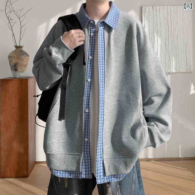 メンズ ファッション 春夏 秋冬 かっこいい オシャレ モテ 男性用 紳士服 服 韓国 シンプル 大人 シャツ カラー フェイク ツーピース カーディガン スウェットシャツ ヘビー ジャケットトップス
