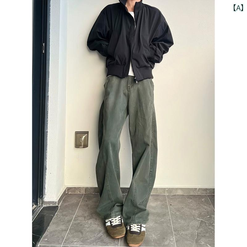 メンズ ファッション 春夏 秋冬 かっこいい オシャレ モテ 男性用 紳士服 服 韓国 シンプル 大人 アーミーグリーン オーバー オール アメリカン レトロ ハイウエスト ワイド レッグ パンツ クリーン フィット ストレート ブーツ カット ジーンズ