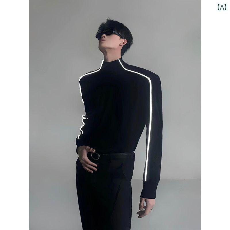 メンズ ファッション 春夏 秋冬 かっこいい オシャレ モテ 男性用 紳士服 服 韓国 シンプル 大人 コンストラクト 反射 スタンドカラー スウェットシャツ 高級 アメリカン ストレート ショルダー T シャツ 長袖 インナーレイヤリング シャツ