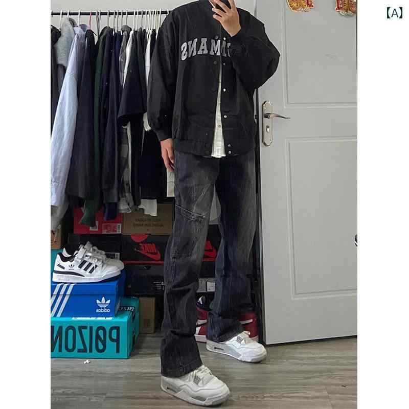 メンズ ファッション 春夏 秋冬 かっこいい オシャレ モテ 男性用 紳士服 服 韓国 シンプル 大人 アメリカン ストリート グラデーション ウォッシュ ブラック ジーンズ カジュアル ストレート パンツ｜YKC8