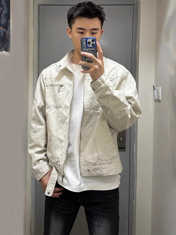 メンズ ファッション 春夏 秋 冬 かっこいい オシャレ モテ 男性用 紳士服 服 韓国 シンプル 大人 アメリカン レトロ ハリントン ウォッシュ キャンバス ワークジャケット カジュアル スタンドカラー ジャケット