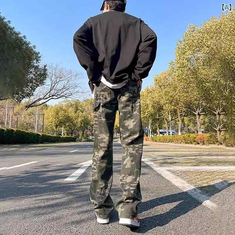 メンズ ファッション 春夏 秋冬 かっこいい オシャレ モテ 男性用 紳士服 服 韓国 シンプル 大人 アメリカン レトロ 迷彩 パンツ ストリート クリーン フィット ラン バー ジャック ストレート フレア デニムパンツ|YKC8