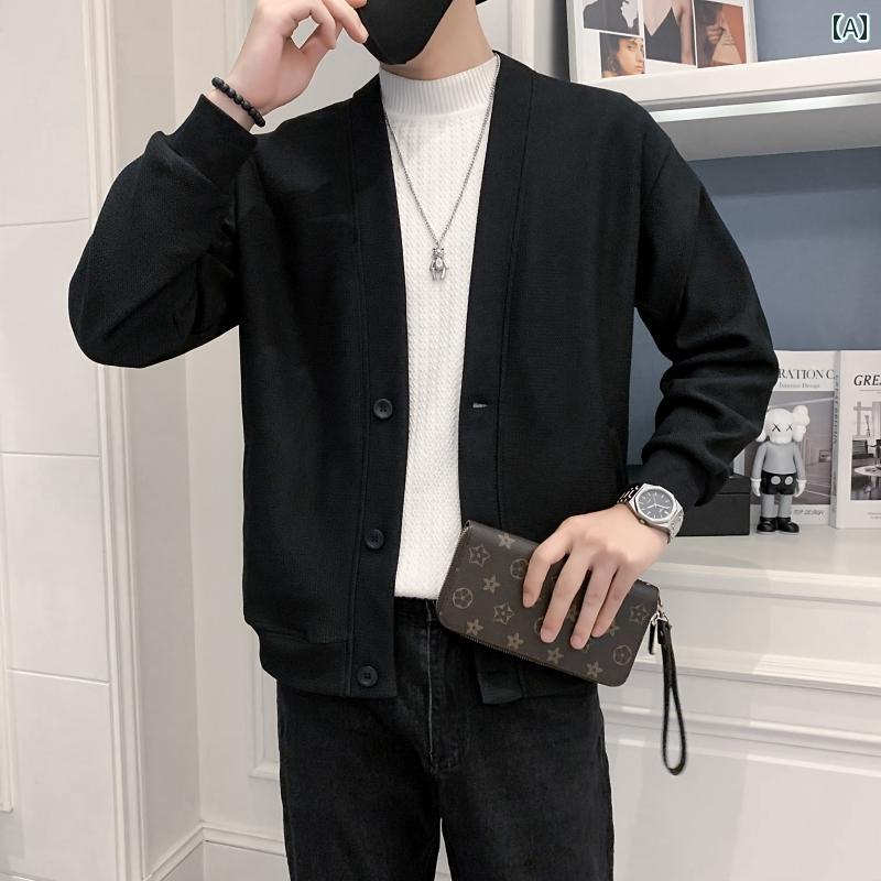 メンズ ファッション 春夏 秋冬 かっこいい オシャレ モテ 男性用 紳士服 服 韓国 シンプル 大人 ホワイト ニット スウェットシャツ クリーン フィットライト 大人 Vネックカーディガン ジャケット