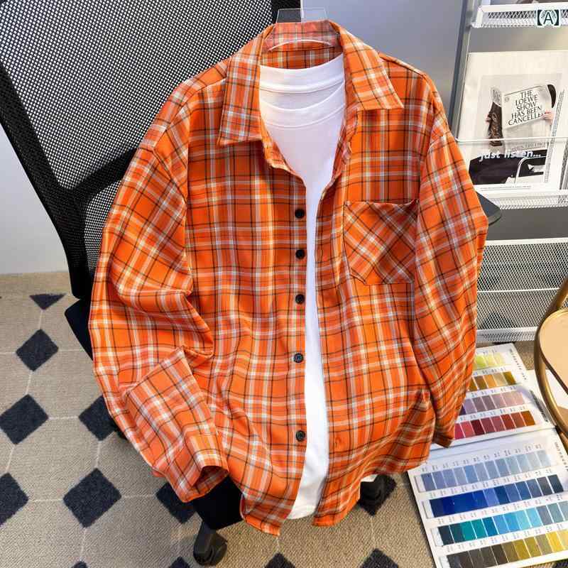 メンズ ファッション 春夏 秋冬 かっこいい オシャレ モテ 男性用 紳士服 服 韓国 シンプル 大人 アメリカン オレンジ チェック柄 長袖 シャツ 男女兼カップル シャツ 快適 カジュアル ジャケット