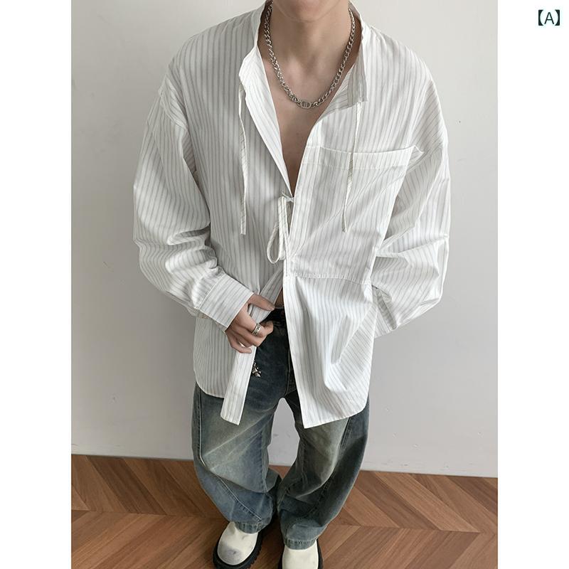 メンズ ファッション 春夏 秋冬 かっこいい オシャレ モテ 男性用 紳士服 服 韓国 シンプル 大人 ストライプ 長袖 シャツ ハイエンド ドローストリング 長袖 シャツ 日焼け防止 服