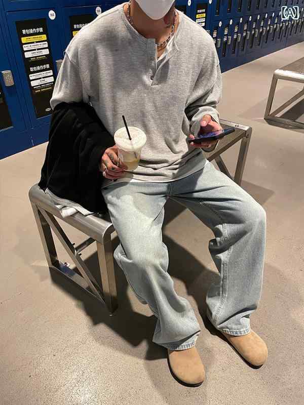 メンズ ファッション 春夏 秋冬 かっこいい オシャレ モテ 男性用 紳士服 服 韓国 シンプル 大人 高級 コットン ウォッシュドデニム ライト ブルー ジーンズ ストレート ドレープ ダディ パンツ｜YKC8