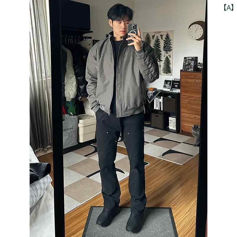 メンズ ファッション 春夏 秋冬 かっこいい オシャレ モテ 男性用 紳士服 服 韓国 シンプル 大人 ブラック スタッズ ラン バー ジャック オーバー オール アメリカン レトロ パンツ スリム フレア カジュアル ストレート パンツ