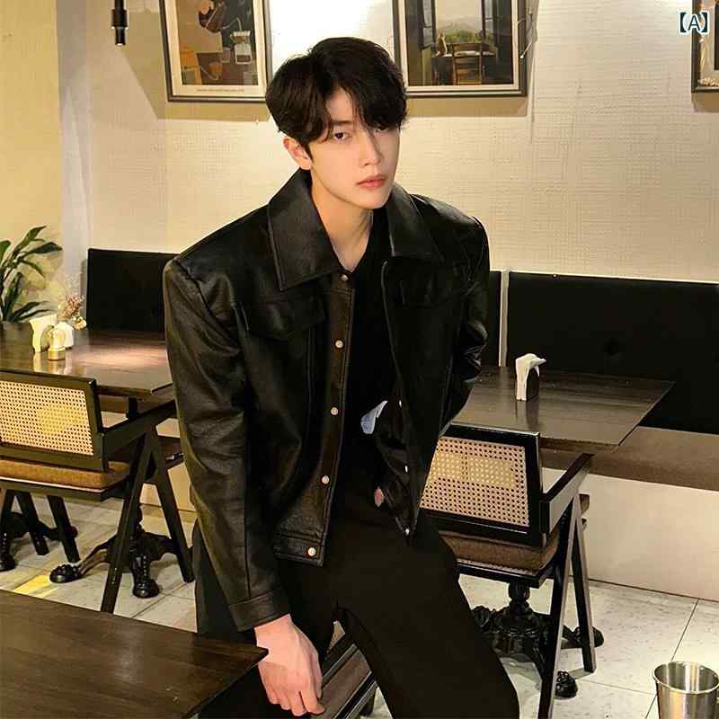 メンズ ファッション 春夏 秋冬 かっこいい オシャレ モテ 男性用 紳士服 服 韓国 シンプル 大人 ブラック ストレート ショルダーレザー ジャケット アメリカン レトロ ヴィンテージ バイクウェア ショート PU レザージャケット