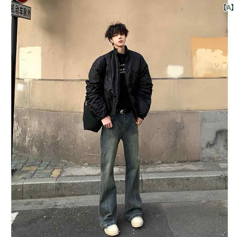 メンズ ファッション 春夏 秋冬 かっこいい オシャレ モテ 男性用 紳士服 服 韓国 シンプル 大人 アメリカン レトロ ジーンズ 丈長 フレアパンツ ストレート パンツ