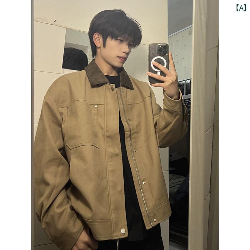 メンズ ファッション 春夏 秋冬 かっこいい オシャレ モテ 男性用 紳士服 服 韓国 シンプル 大人 カーキ色 バーン ジャケット アメリカン レトロ デトロイト ワークジャケット クリーン フィット 野球 ユニフォーム