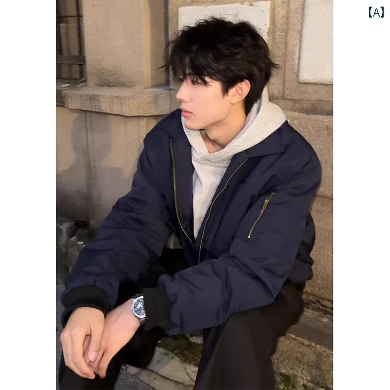 メンズ ファッション 春夏 秋冬 かっこいい オシャレ モテ 男性用 紳士服 服 韓国 シンプル 大人 ネイビーブルー パイロット ジャケット クリーン フィット ベースボール ジャケット アメリカン シルエット ボンバー ショート ジャケット|YKC8