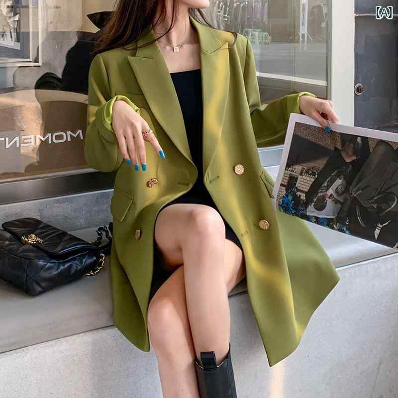 レディース ファッション おしゃれ 春夏 秋　冬 大人 上品 高級 マダム ミス ミセス プレゼント 婦人服　母 女性用 アボカド グリーンの 大きいサイズ スーツ ジャケット ミディアム ロング 太い mm ゆったり スリム カジュアル ストレート ショルダー スーツ の 春