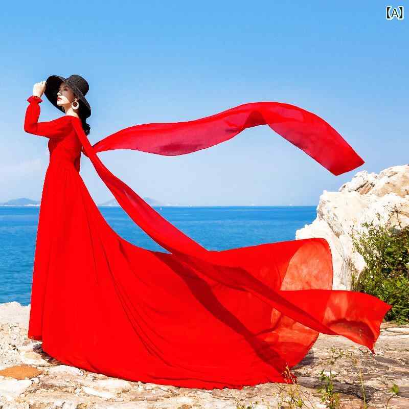 レディース ファッション おしゃれ 春夏 秋 冬 大人 上品 高級 マダム ミス ミセス プレゼント 婦人服 母 旅行 写真の フリルの レトロ シック 赤い シフォン レースの ドレス 女性 海辺の 休日の ロング ドレス