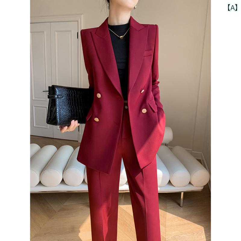 レディース ファッション おしゃれ 春夏 秋 冬 大人 上品 高級 マダム ミス ミセス プレゼント 婦人服 母 レッド スーツ ジャケット シンプル 小さい ワイド レッグ パンツ 上品 カジュアル フォーマルウェア|YKC8