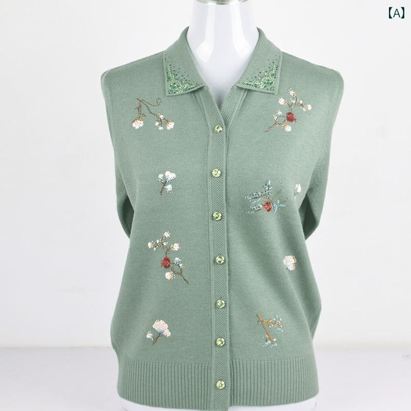 レディース ファッション おしゃれ 春夏 秋　冬 大人 上品 高級 マダム ミス ミセス プレゼント 婦人服　母 女性 春 ニットカーディガン ママ セーター 刺繍 ボタン ウール セーターおばあちゃん コート トップ