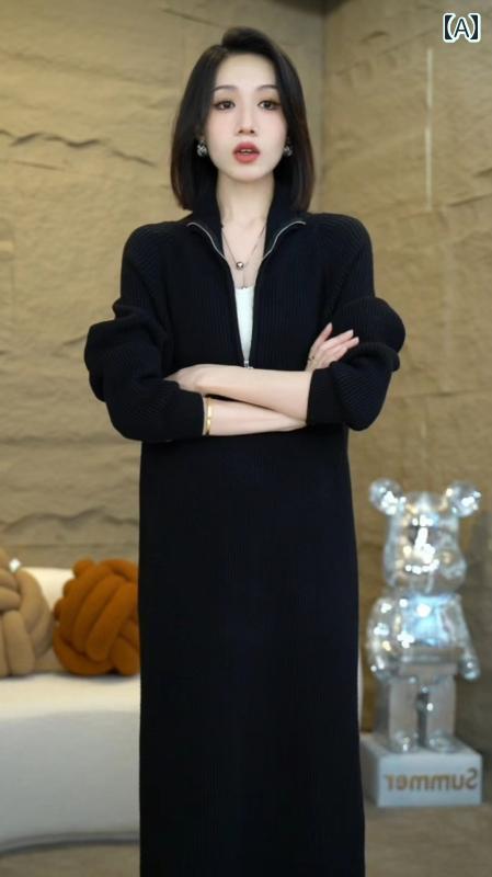 レディース ファッション おしゃれ 春夏 秋　冬 大人 上品 高級 マダム ミス ミセス プレゼント 婦人服　母 柔らか 粘着性の セーター ドレス ジッパー 厚手の インナーウェア ニット セーター ドレス 秋冬用 膝丈 スカート