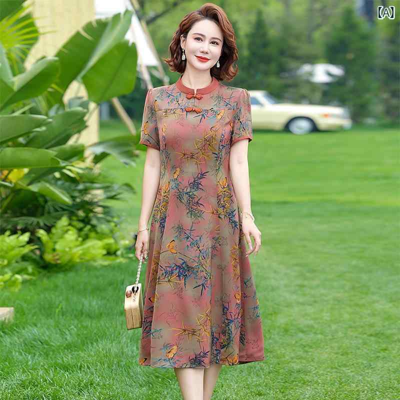 レディース ファッション おしゃれ 春夏 秋　冬 大人 上品 高級 マダム ミス ミセス プレゼント 婦人服　母 チャイナ　ドレス　母　西洋　半袖　スカート　広い　　レトロ　シフォン　ロング｜YKC8