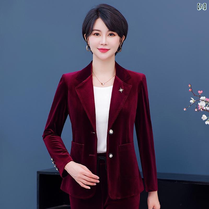 レディース ファッション おしゃれ 春夏 秋 冬 大人 上品 高級 マダム ミス ミセス プレゼント 婦人服 母 金 ベルベットスーツ スリムフィット スーツ ジャケット ワイド レッグ パンツ セット|YKC8