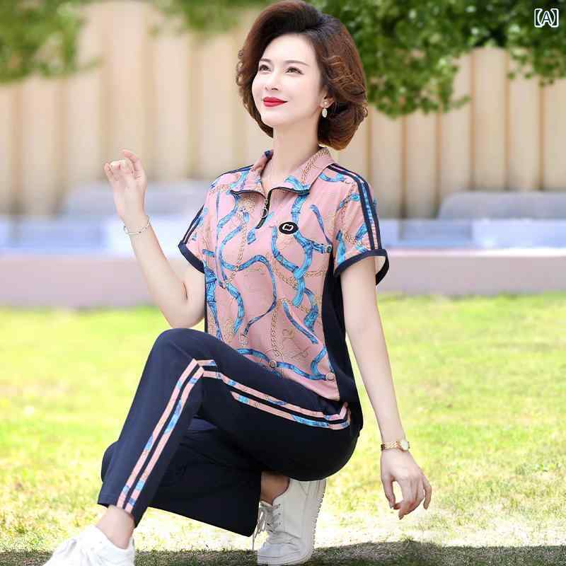 レディース ファッション おしゃれ 春夏 秋　冬 大人 上品 高級 マダム ミス ミセス プレゼント 婦人服　母 のお母さんの 半袖 スタンドカラーの おしゃれな カジュアル スポーツウェアの 女性 おしゃれな 夏服 ツーピース スーツ｜YKC8