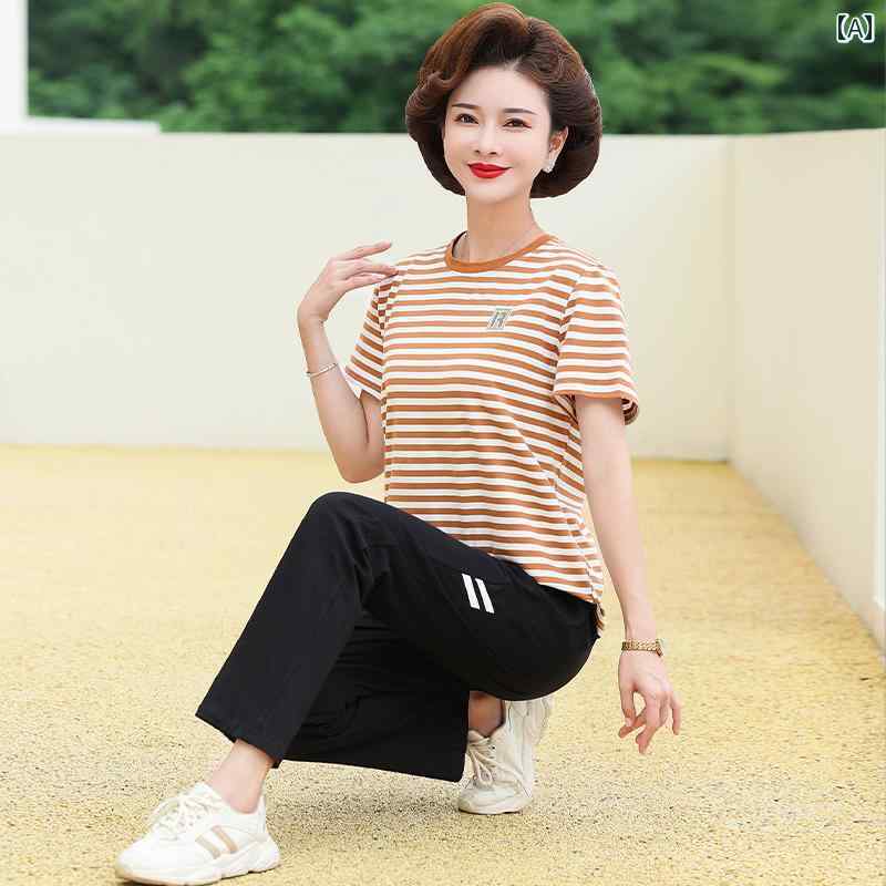 レディース ファッション おしゃれ 春夏 秋　冬 大人 上品 高級 マダム ミス ミセス プレゼント 婦人服　母 母　夏　綿　スポーツ　スーツ　　ストライプ　半袖　T　シャツ　セット｜YKC8
