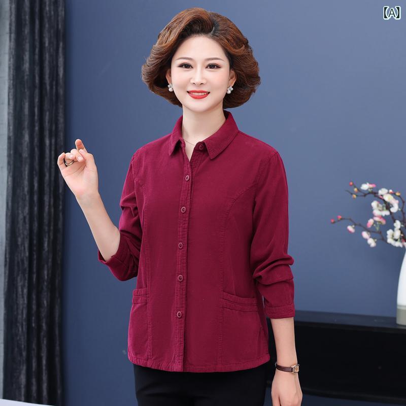 レディース ファッション おしゃれ 春夏 秋　冬 大人 上品 高級 マダム ミス ミセス プレゼント 婦人服　母 母　　綿　コーデュロイ　長袖　シャツ　無地上品　トップス｜YKC8