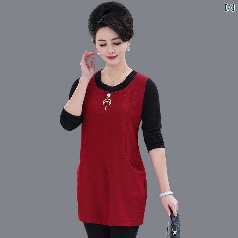 レディース ファッション おしゃれ 春夏 秋 冬 大人 上品 高級 マダム ミス ミセス プレゼント 婦人服 母 長袖 T シャツ 母 ワイド ミドル丈