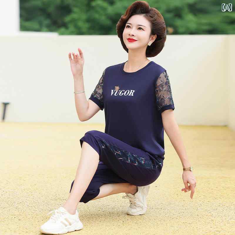 レディース ファッション おしゃれ 春夏 秋　冬 大人 上品 高級 マダム ミス ミセス プレゼント 婦人服　母 のお母さんの 夏 ファッション 半袖 カジュアル スポーツウェア スーツ 女性 T シャツ クロップドパンツ ツーピース スーツ｜YKC8