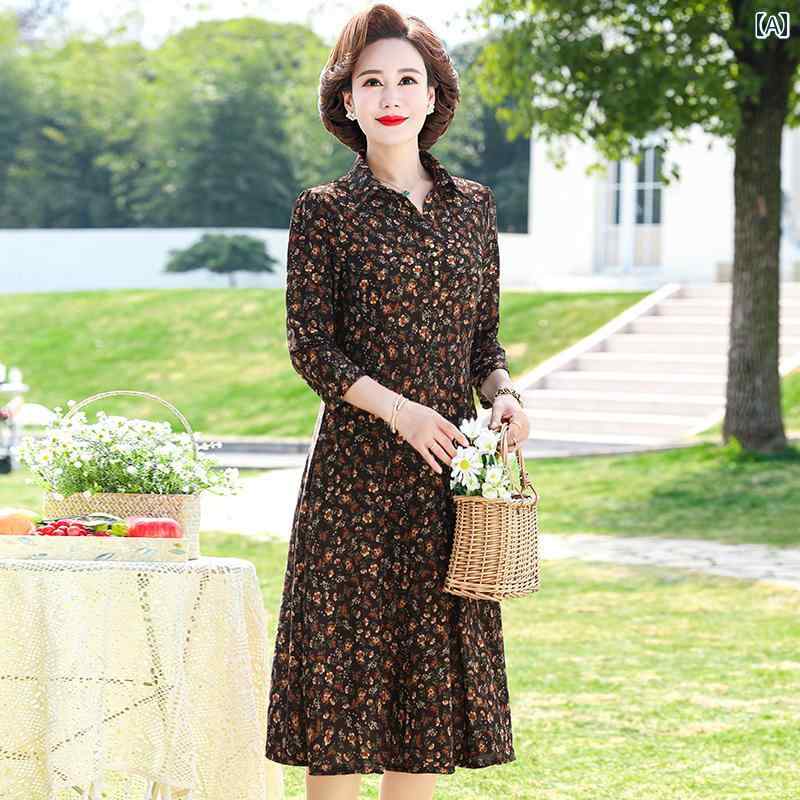 レディース ファッション おしゃれ 春夏 秋　冬 大人 上品 高級 マダム ミス ミセス プレゼント 婦人服　母 ママ ワンピース 春夏 花柄 伸縮性 ファッション 新型 快適 シャツ スクエアネック ネットワーク ミディアム ロング