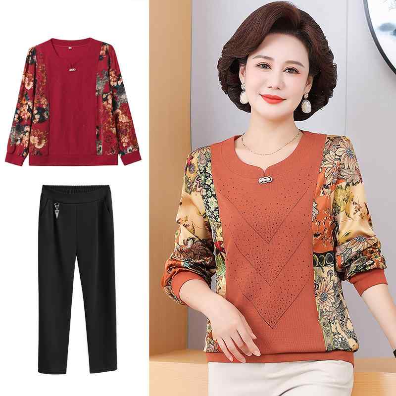 レディース ファッション おしゃれ 春夏 秋冬 大人 上品 高級 マダム ミス ミセス プレゼント 婦人服 母 スーツ スタイリッシュ 長袖 T シャツ トップス 花柄 パンツ ズボン セット｜YKC8