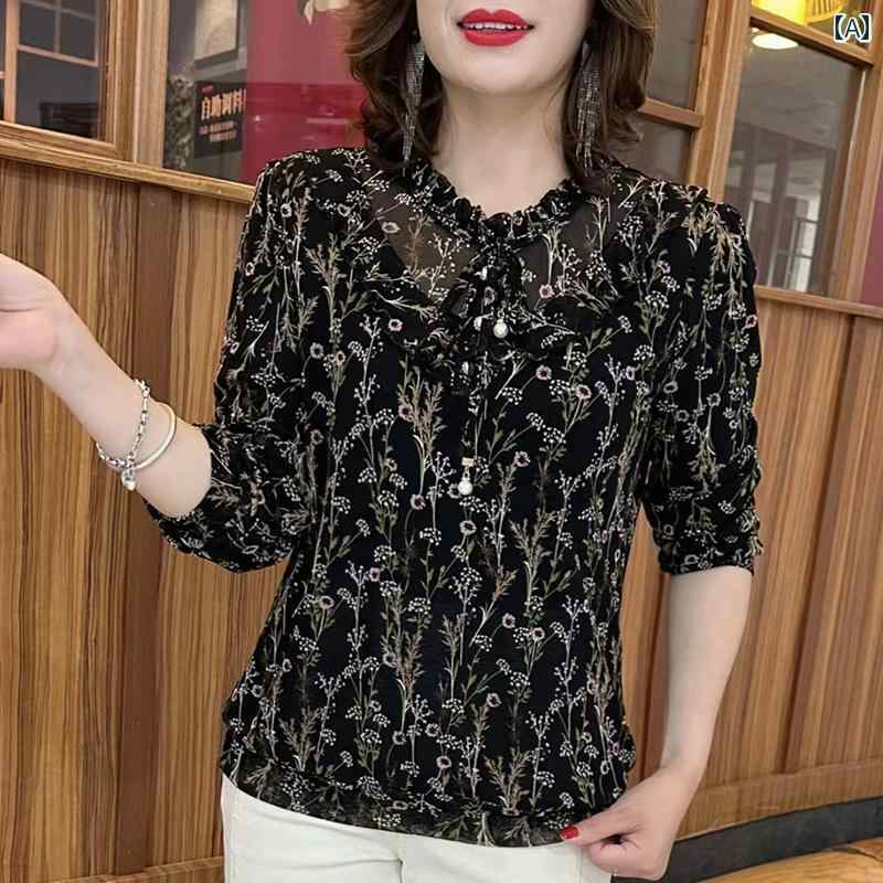 レディース ファッション おしゃれ 春夏 秋　冬 大人 上品 高級 マダム ミス ミセス プレゼント 婦人服　母 スプリング　レイヤー　シャツ　花柄　伸縮性　小さい　スリム　メッシュ　長袖　トップス｜YKC8