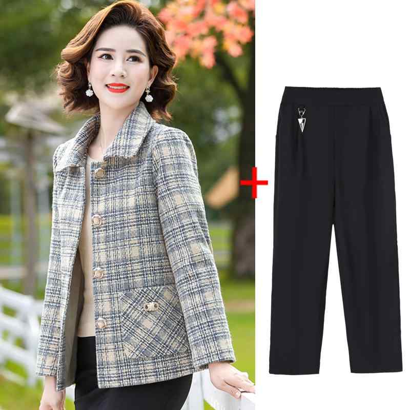 レディース ファッション おしゃれ 春夏 秋冬 大人 上品 高級 マダム ミス ミセス プレゼント 婦人服 母 ジャケット トップス チェック柄 スーツ シンプル セット アウター パンツ ズボン|YKC8