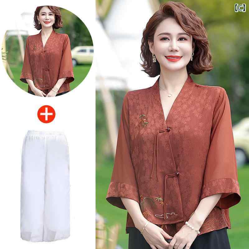 レディース ファッション おしゃれ 春夏 秋冬 大人 上品 高級 マダム ミス ミセス プレゼント 婦人服 母 シャツ 刺繍 シンプル 和風 パンツ ズボン セット ゆったり|YKC8