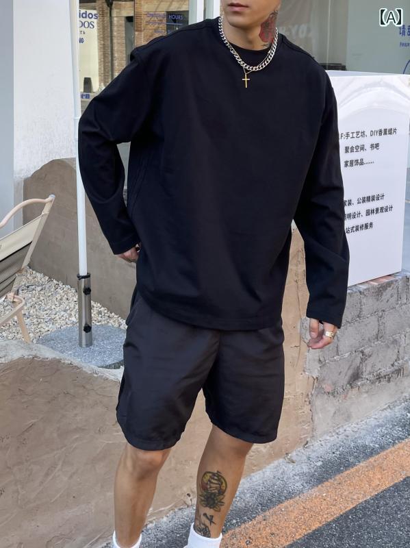 メンズ ファッション 春夏 秋冬 かっこいい オシャレ モテ 男性用 紳士服 服 韓国 シンプル 大人 　無地　　コットン　ラウンドネック　ホワイト　長袖　T　シャツ　ボトム