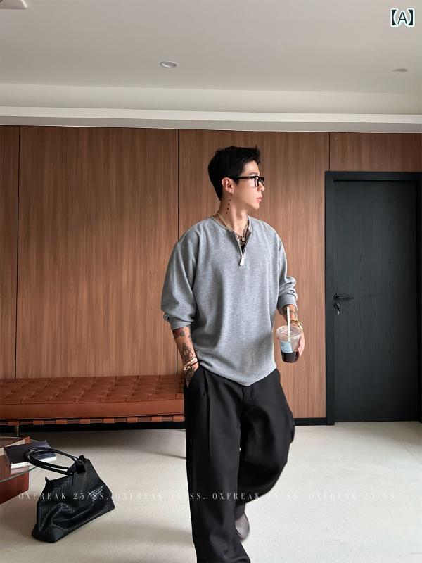 メンズ ファッション 春夏 秋冬 かっこいい オシャレ モテ 男性用 紳士服  服 韓国 シンプル 大人  ミシガン フロッキング ハーフ ジッパー 長袖 T シャツ V ネック レイヤー