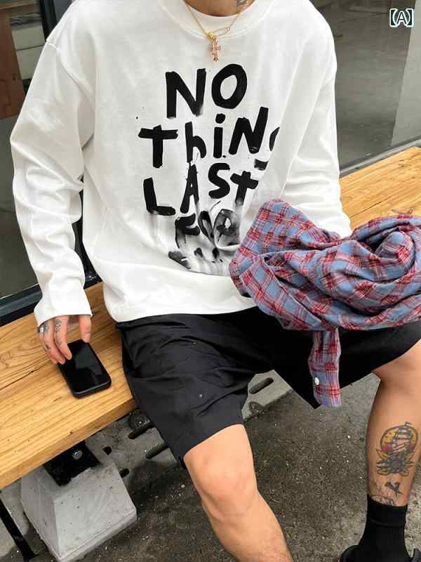 メンズ 流行り物 春夏 秋冬 かっこいい オシャレ モテ 成人男性用 成人男性服  服 韓国 分かりやすい 成年者  グラフィティ レターズ 綿 甚だしい ロング衣袂 T ティーシャツ メンズファッション-トップス