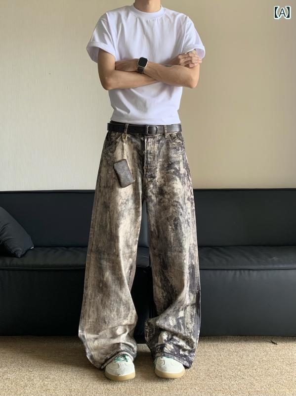 メンズ ファッション 春夏 秋冬 かっこいい オシャレ モテ 男性用 紳士服 服 韓国 シンプル 大人 アメリカン　レトロ　デジタル　プリントク　スプラッシュ　加工　ダメージ　ジーンズ　男女兼　ストリート　クリーン　フィット　ストレート　カジュアル　パンツ