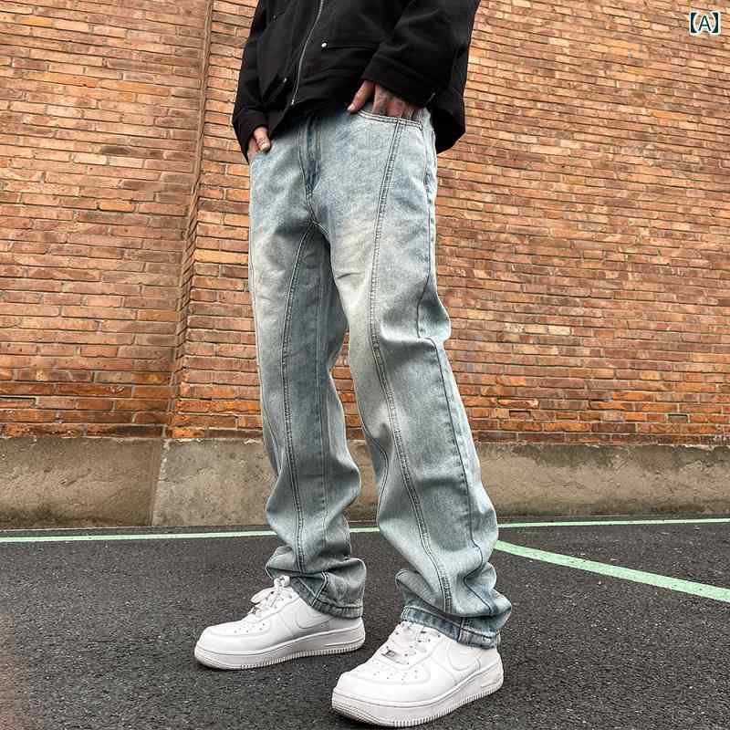 メンズ ファッション 春夏 秋冬 かっこいい オシャレ モテ 男性用 紳士服 服 韓国 シンプル 大人 ウォッシュ　加工　レトロ　ストレート　カジュアル　スプライシング　ナショナル　デニムパンツ