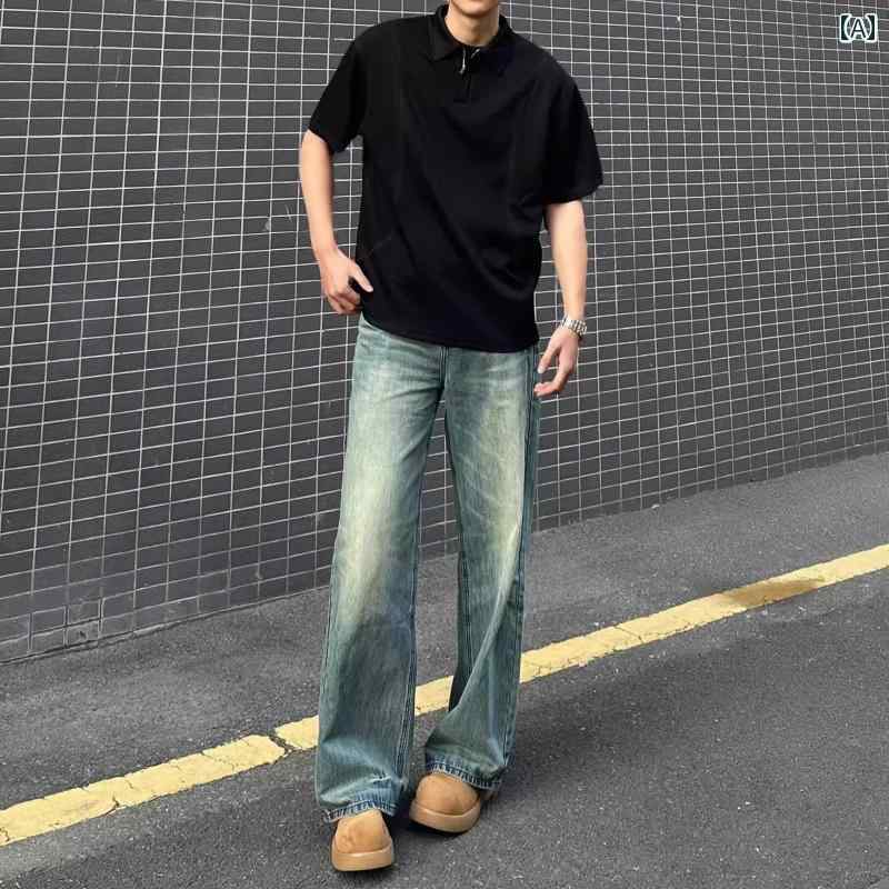 メンズ ファッション 春夏 秋冬 かっこいい オシャレ モテ 男性用 紳士服 服 韓国 シンプル 大人 アメリカン　レトロ　ウォッシュ　加工　ダメージ　加工　ドレープ　ジーンズ　クリーン　フィット　ストレート　ロング　パンツ