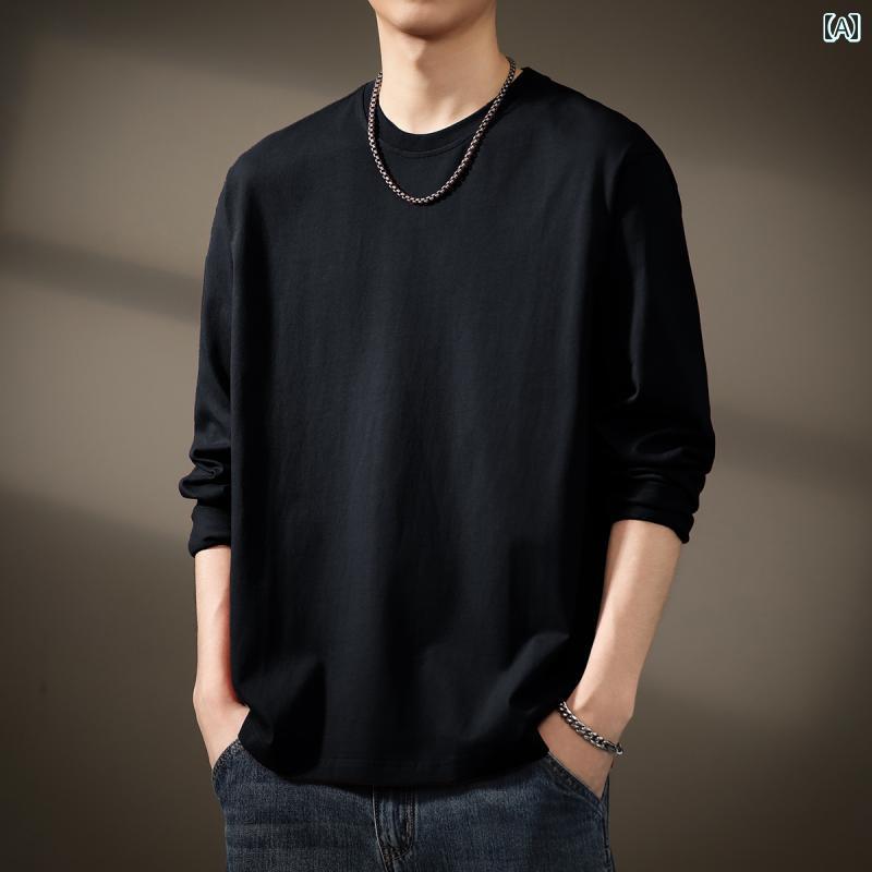 メンズ ファッション 春夏 秋冬 かっこいい オシャレ モテ 男性用 紳士服 服 韓国 シンプル 大人 男性ハイエンド　　ヘビー　ブラック　長袖　T　シャツ　ベーシック　コットン　ラウンドネック　スウェットシャツ　ボトムス　男性用