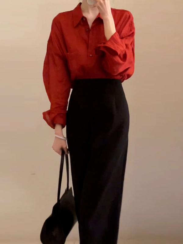 レディース ファッション おしゃれ 春 夏 秋 冬 大人 上品 高級 マダム ミス ミセス プレゼント 婦人 母 レッド シャツ ドレス ホット ヒップ ロング スカート セットウェア|YKC8