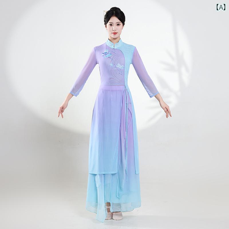 衣装 ダンス コスプレ 撮影 舞台 紫色 レトロ 舞踊 衣装 フレア ドレス 民族 舞踊 扇子 衣装 グラデーション ダンス 衣装|YKC8