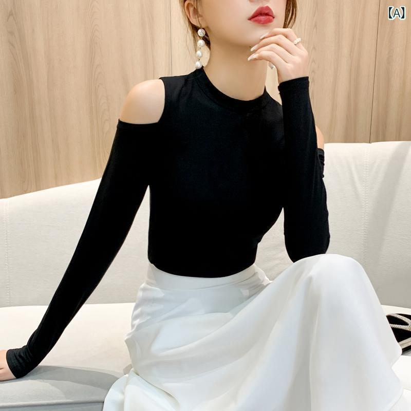 レディース ファッション 春夏 秋冬 かわいい オシャレ 　黒　スタンドカラー　シャツ　長袖　多目的　スリム　T　シャツ　オフショルダー　ハーフ　タートルネック　トップス｜YKC8