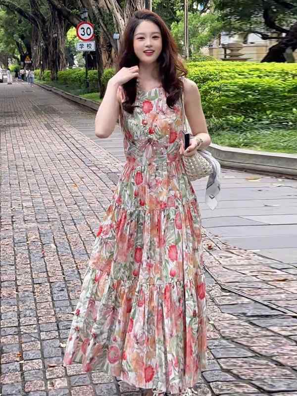 レディース ファッション 春夏 秋冬 かわいい オシャレ フレンチ　花柄　ノースリーブドレス　　エレガント　ロング　ドレス