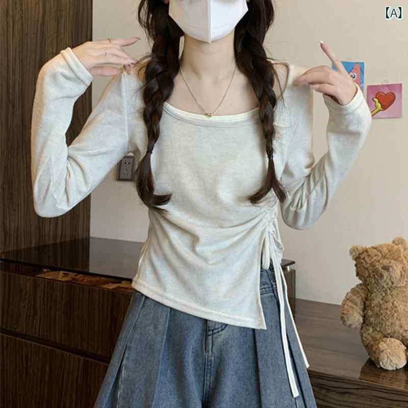 レディース ファッション 春夏 秋冬 かわいい オシャレ アメリカン　スイート　スタイリッシュ　ガール　ドローストリング　プリーツ　ロングスリーブ　T　シャツ　レディース　　コントラスト　カラー　フェイク　ツーピース　　トップス