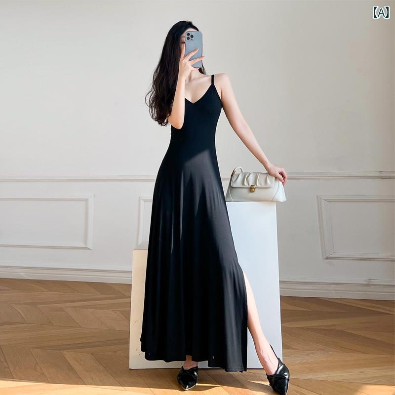 レディース ファッション 春夏 秋冬 かわいい オシャレ モダール Vネック スリップドレス スタイル スリム ベース ドレス リトル ブラック ドレス 重ね着適|YKC8