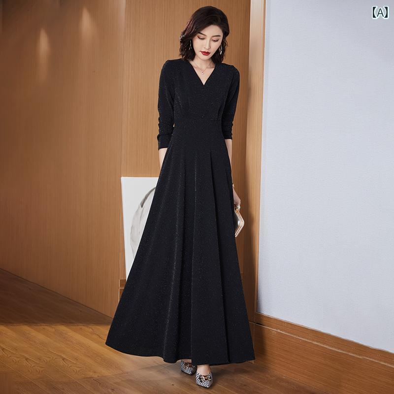 レディース ファッション 春夏 秋冬 かわいい オシャレ 長袖　ロング　ドレス　レディース　ブラック　マキシ　ドレス　スリム　エレガント　足首　丈
