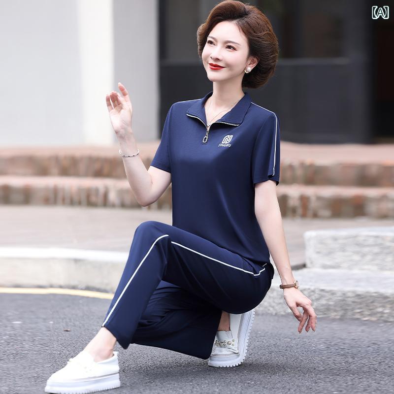 レディース ファッション 春夏 秋冬 かわいい オシャレ 韓国 ママ　スタイリッシュ　半袖　T　シャツ　ツーピース　セット　カジュアル　スポーツウェア　スーツ